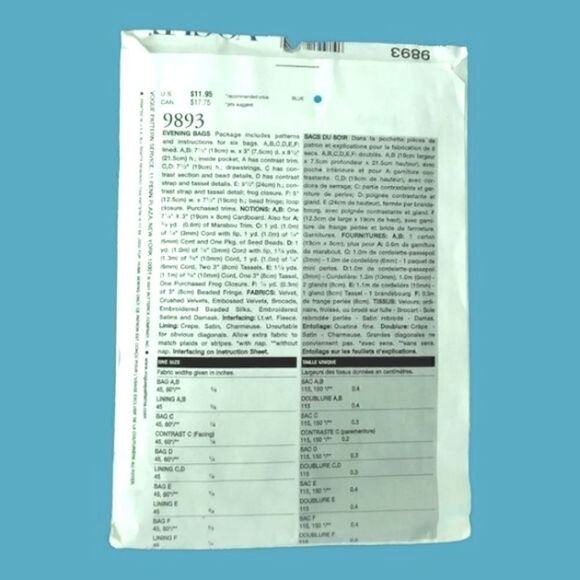 VOGUE  PATTERN Misses EVENING BAGS Uncut #9893 DISCOÑTINUED Vintage - Picture 2 of 2